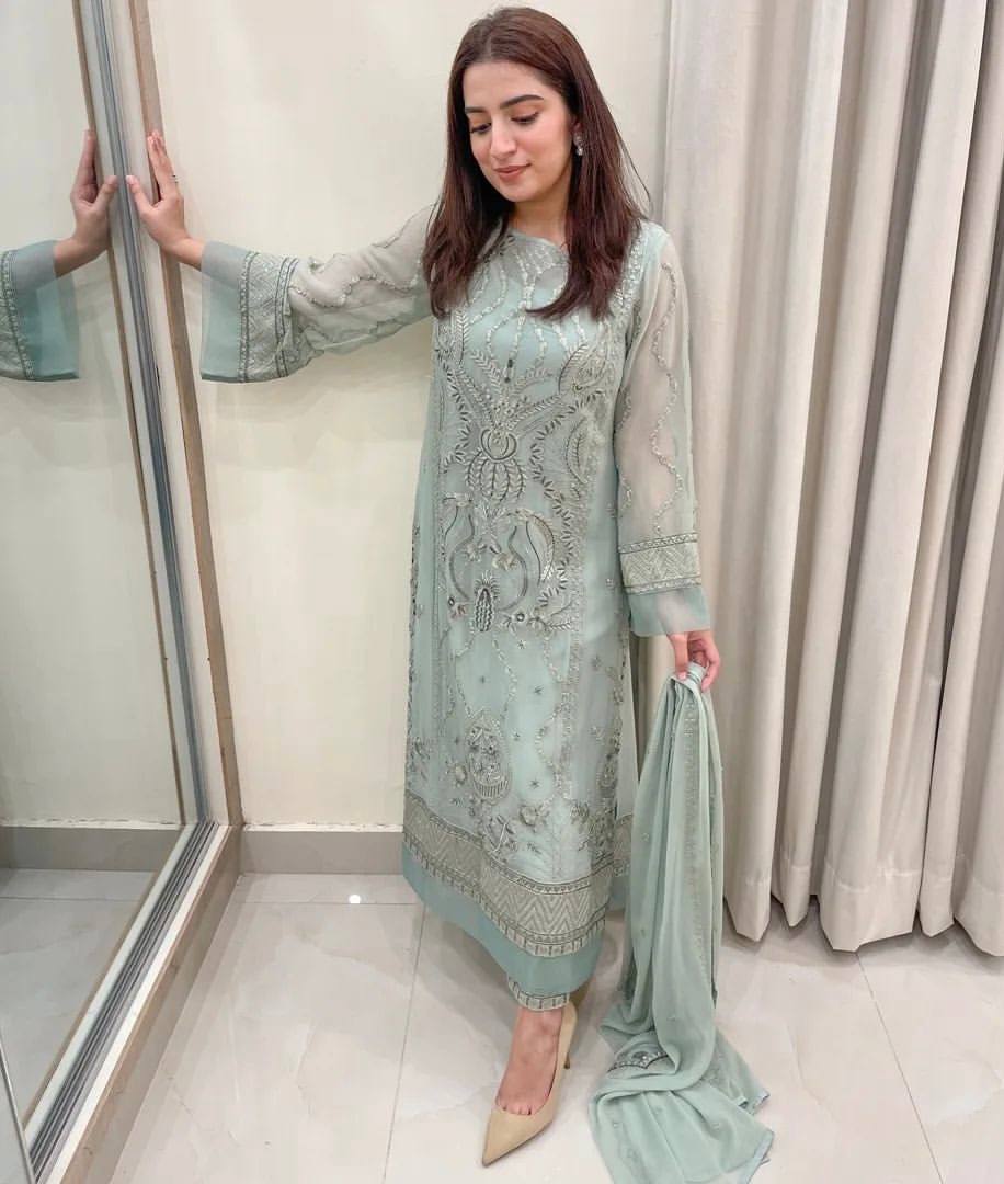 Dusty Blue Premium Designer Readymade Top, Bottom & Dupatta Set – Party Wear Collection