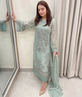 Dusty Blue Premium Designer Readymade Top, Bottom & Dupatta Set – Party Wear Collection