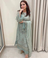 Dusty Blue Premium Designer Readymade Top, Bottom & Dupatta Set – Party Wear Collection