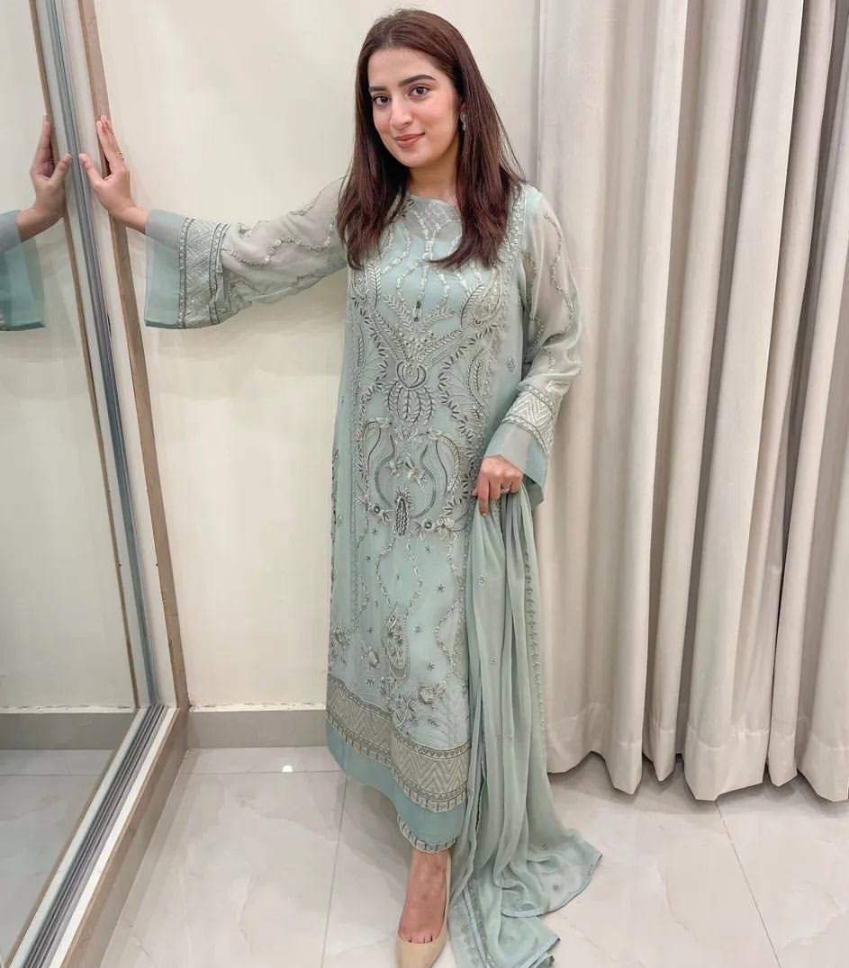 Dusty Blue Premium Designer Readymade Top, Bottom & Dupatta Set – Party Wear Collection