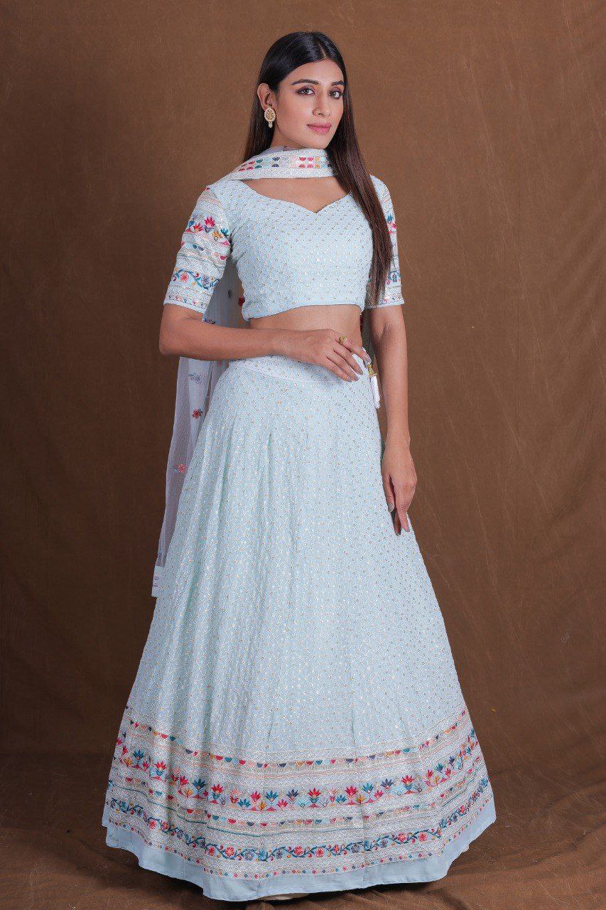 Dusty Blue Premium Georgette Multi-Thread, Sequins & Embroidered Lehenga Choli Set with Net Dupatta