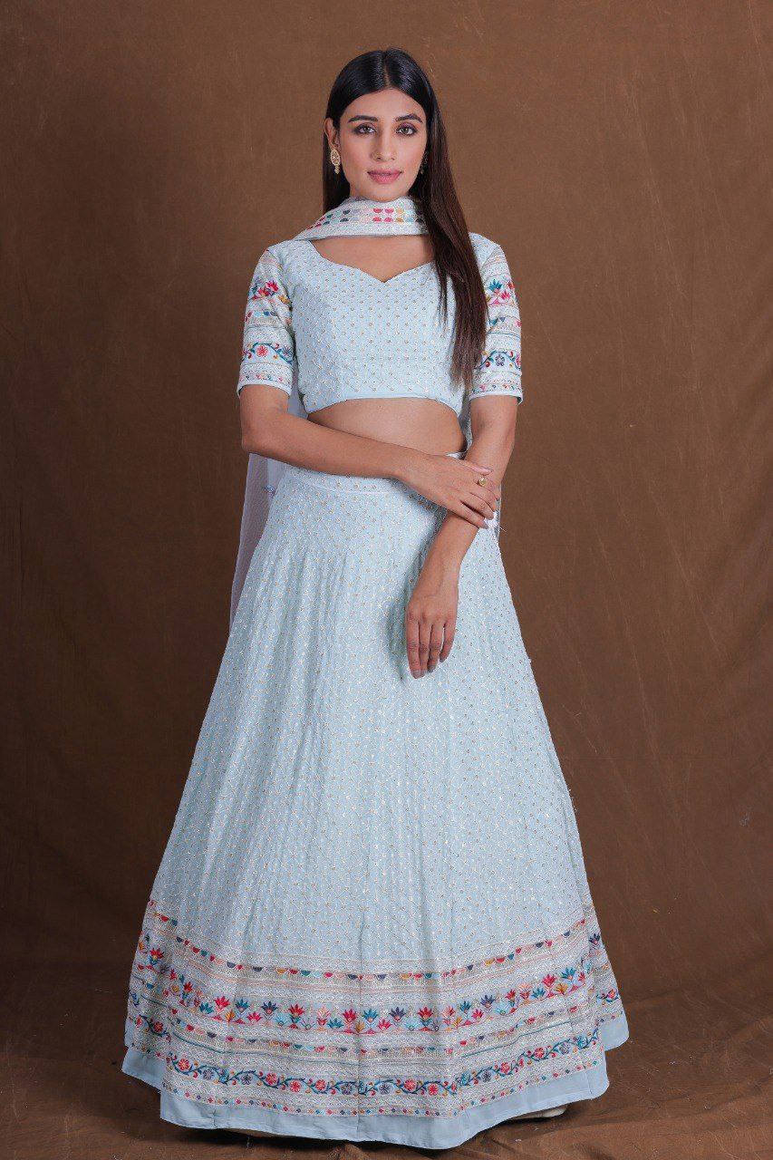Dusty Blue Premium Georgette Multi-Thread, Sequins & Embroidered Lehenga Choli Set with Net Dupatta