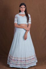 Dusty Blue Premium Georgette Multi-Thread, Sequins & Embroidered Lehenga Choli Set with Net Dupatta