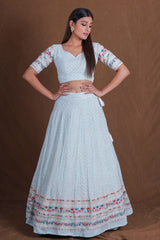 Dusty Blue Premium Georgette Multi-Thread, Sequins & Embroidered Lehenga Choli Set with Net Dupatta