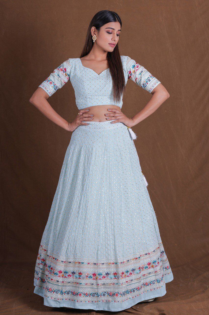 Dusty Blue Premium Georgette Multi-Thread, Sequins & Embroidered Lehenga Choli Set with Net Dupatta