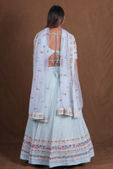 Dusty Blue Premium Georgette Multi-Thread, Sequins & Embroidered Lehenga Choli Set with Net Dupatta