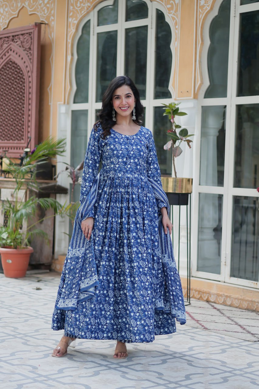 Dusty Blue Premium Readymade Kurti with Pant & Dupatta Set