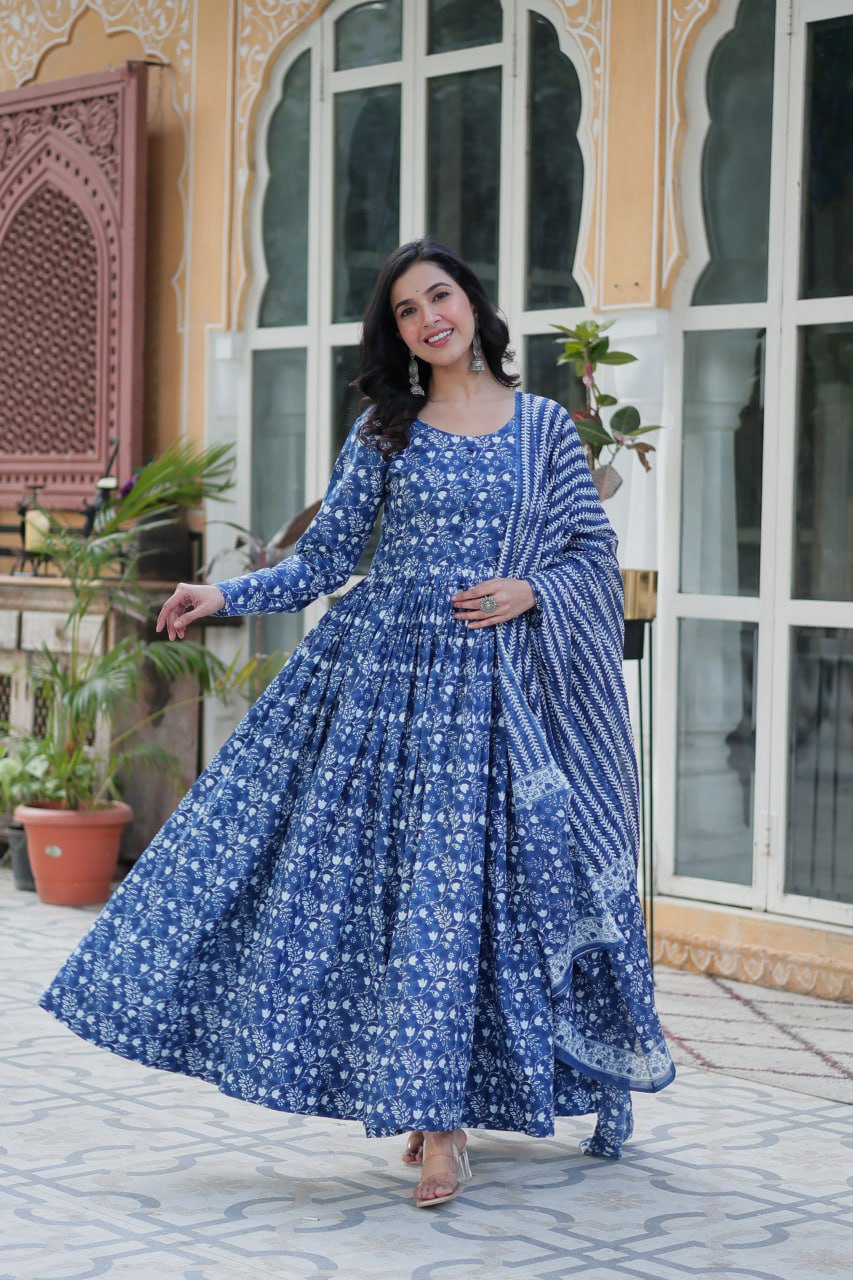 Dusty Blue Premium Readymade Kurti with Pant & Dupatta Set