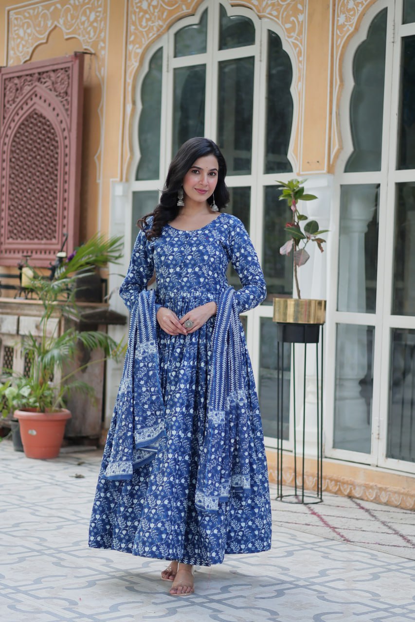 Dusty Blue Premium Readymade Kurti with Pant & Dupatta Set