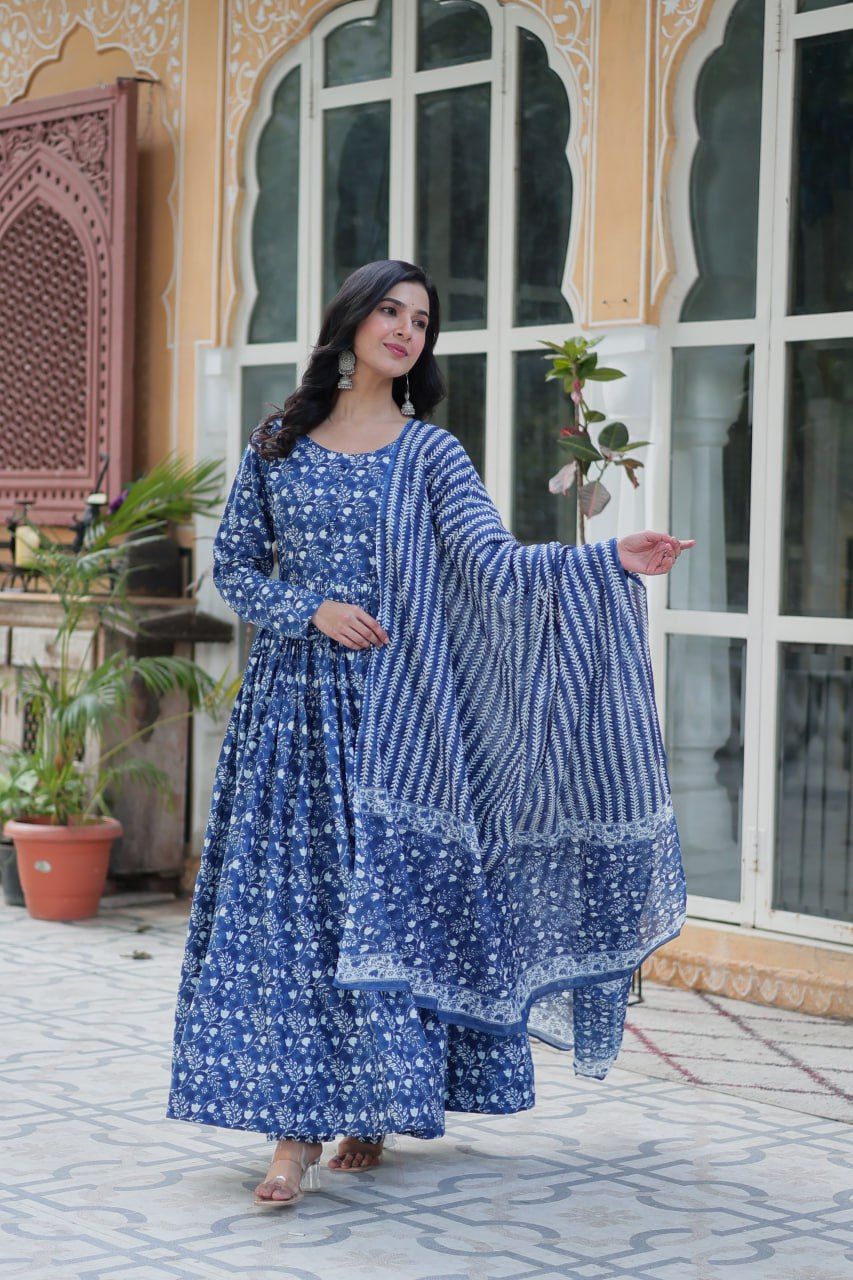 Dusty Blue Premium Readymade Kurti with Pant & Dupatta Set