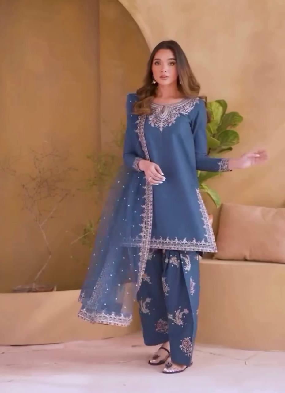 Dusty Blue Pure Natural Crepe Embroidered Farshi Plazzo Set with Organza Silk Dupatta – Full Stitched