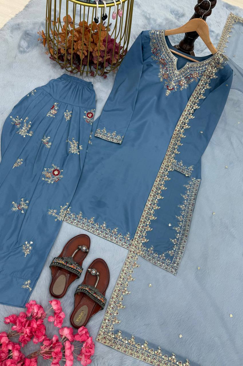 Dusty Blue Pure Natural Crepe Embroidered Farshi Plazzo Set with Organza Silk Dupatta – Full Stitched