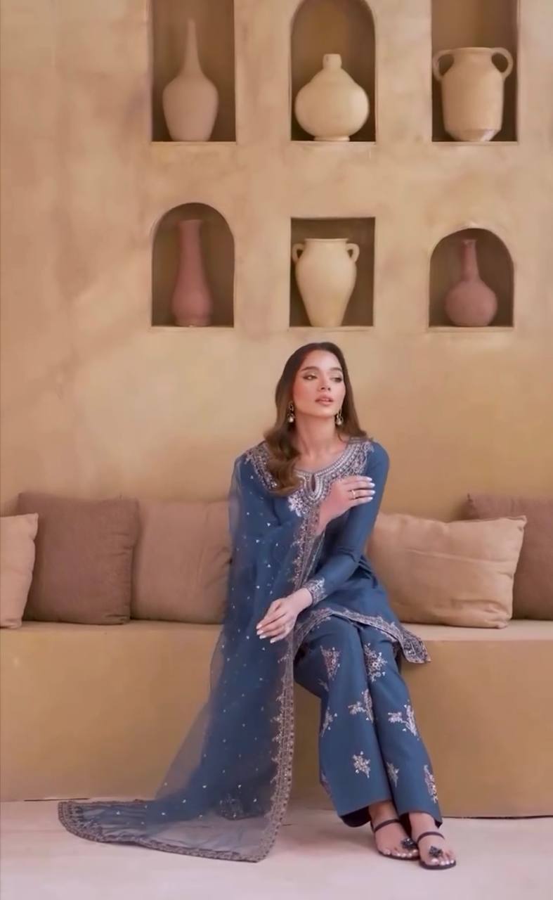 Dusty Blue Pure Natural Crepe Embroidered Farshi Plazzo Set with Organza Silk Dupatta – Full Stitched