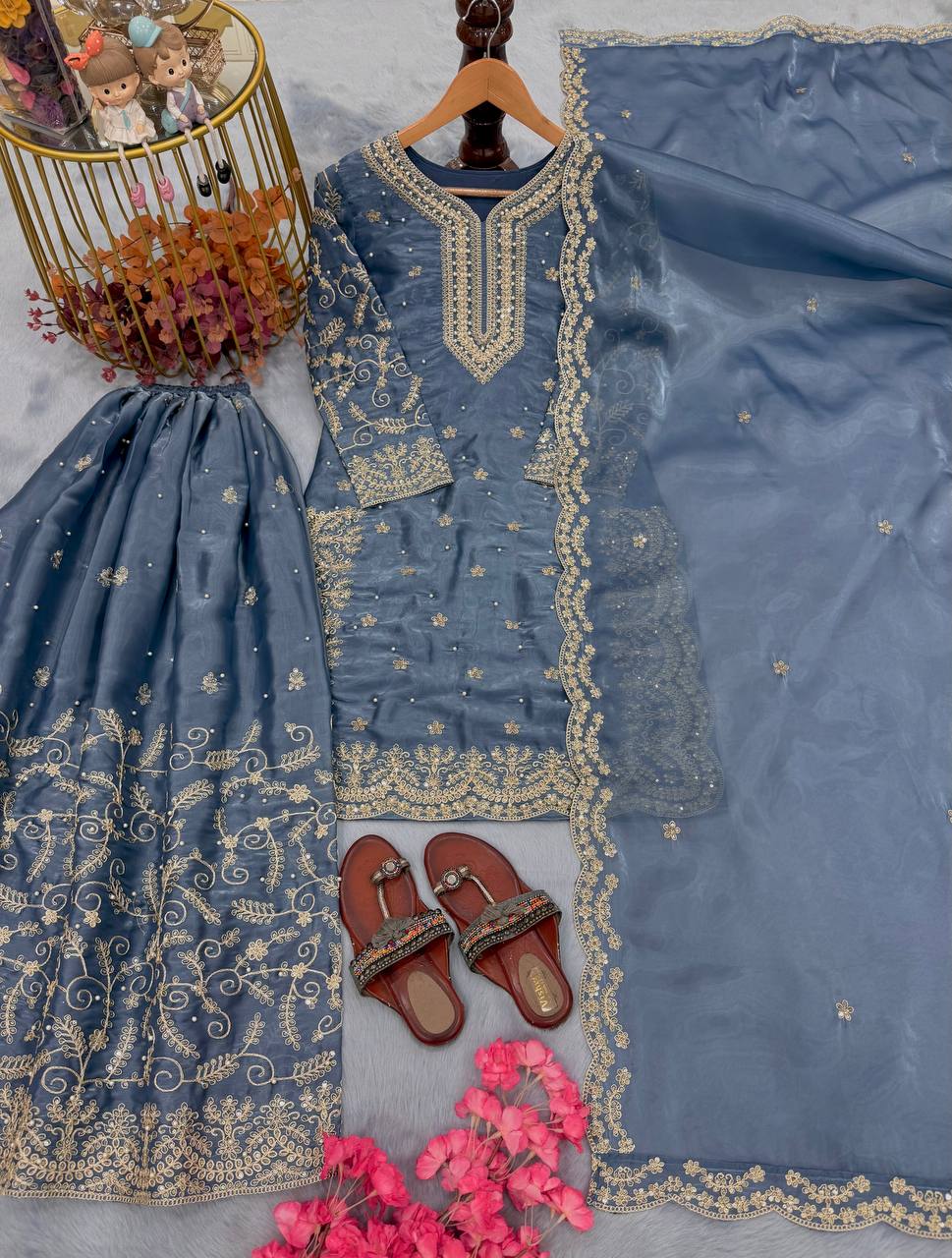 Dusty Blue Pure Organza Heavy Embroidered Kurta Palazzo Set with Sequins, Coding Dori & Moti Handwork Dupatta