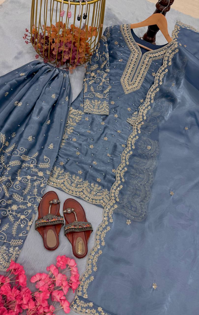 Dusty Blue Pure Organza Heavy Embroidered Kurta Palazzo Set with Sequins, Coding Dori & Moti Handwork Dupatta