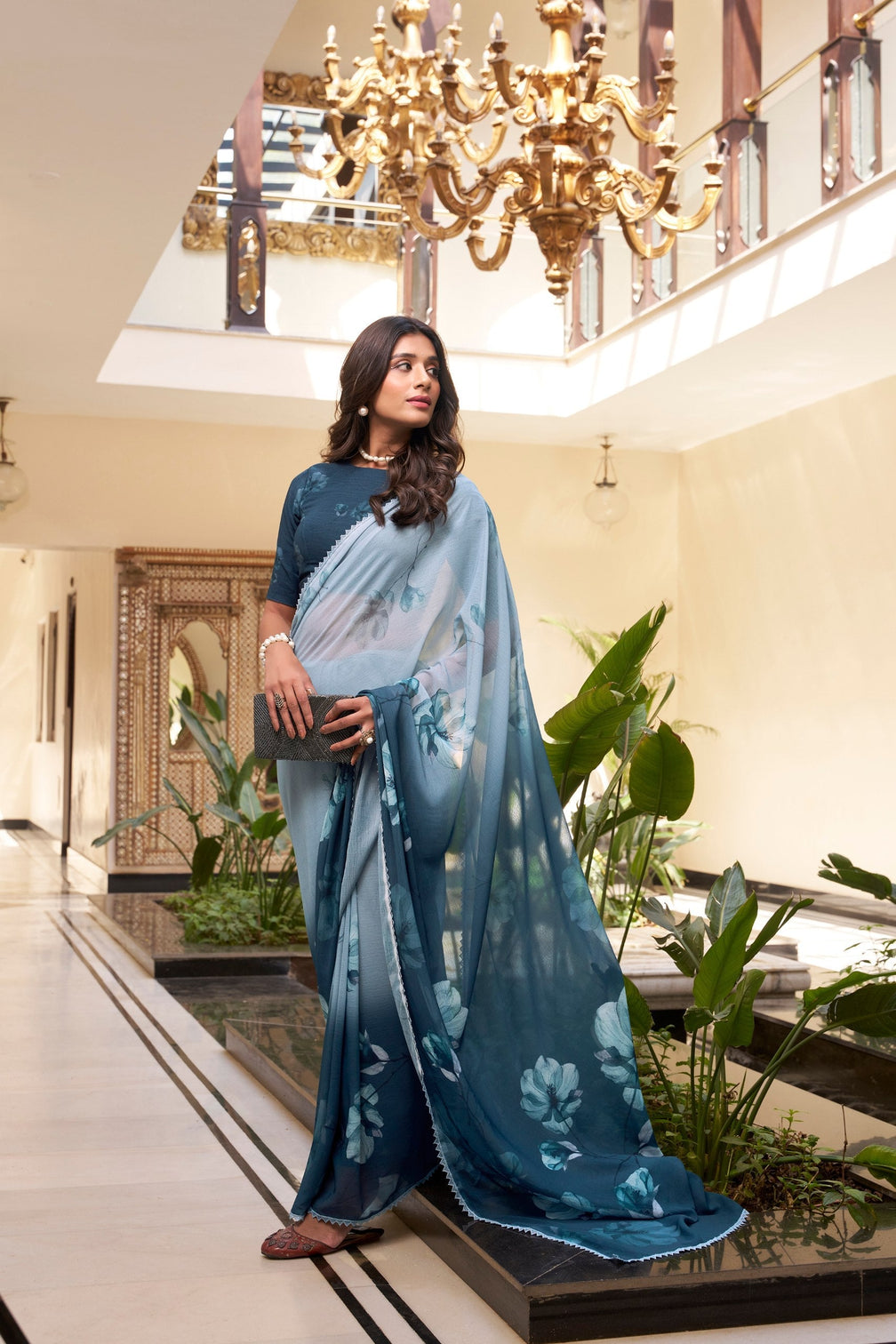 Dusty Blue Weightless Marbal Floral Printed Saree with Lace Border & Matching Blouse