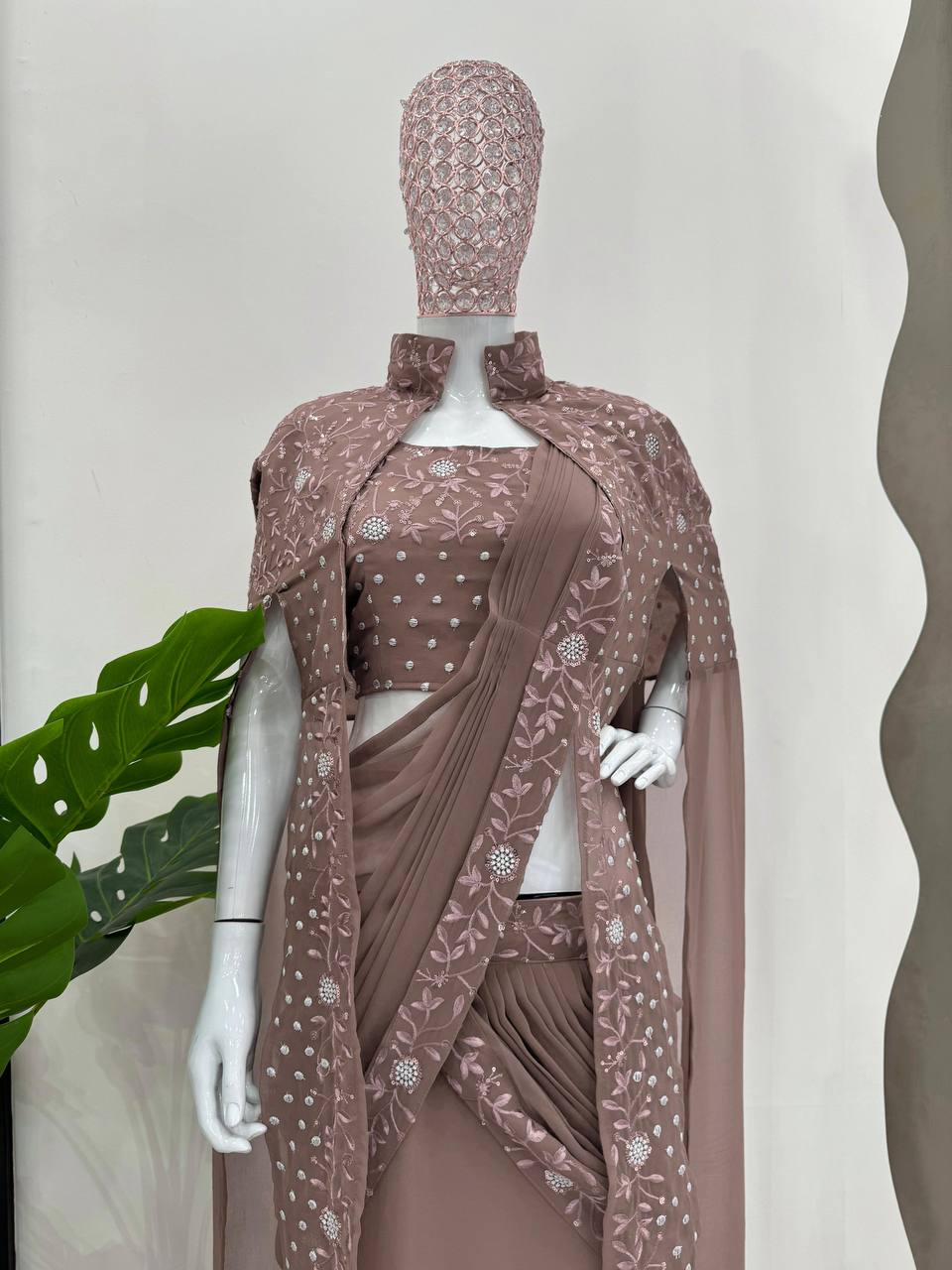 Dusty Brown Ready-to-Wear Lehenga Saree – Effortless Elegance