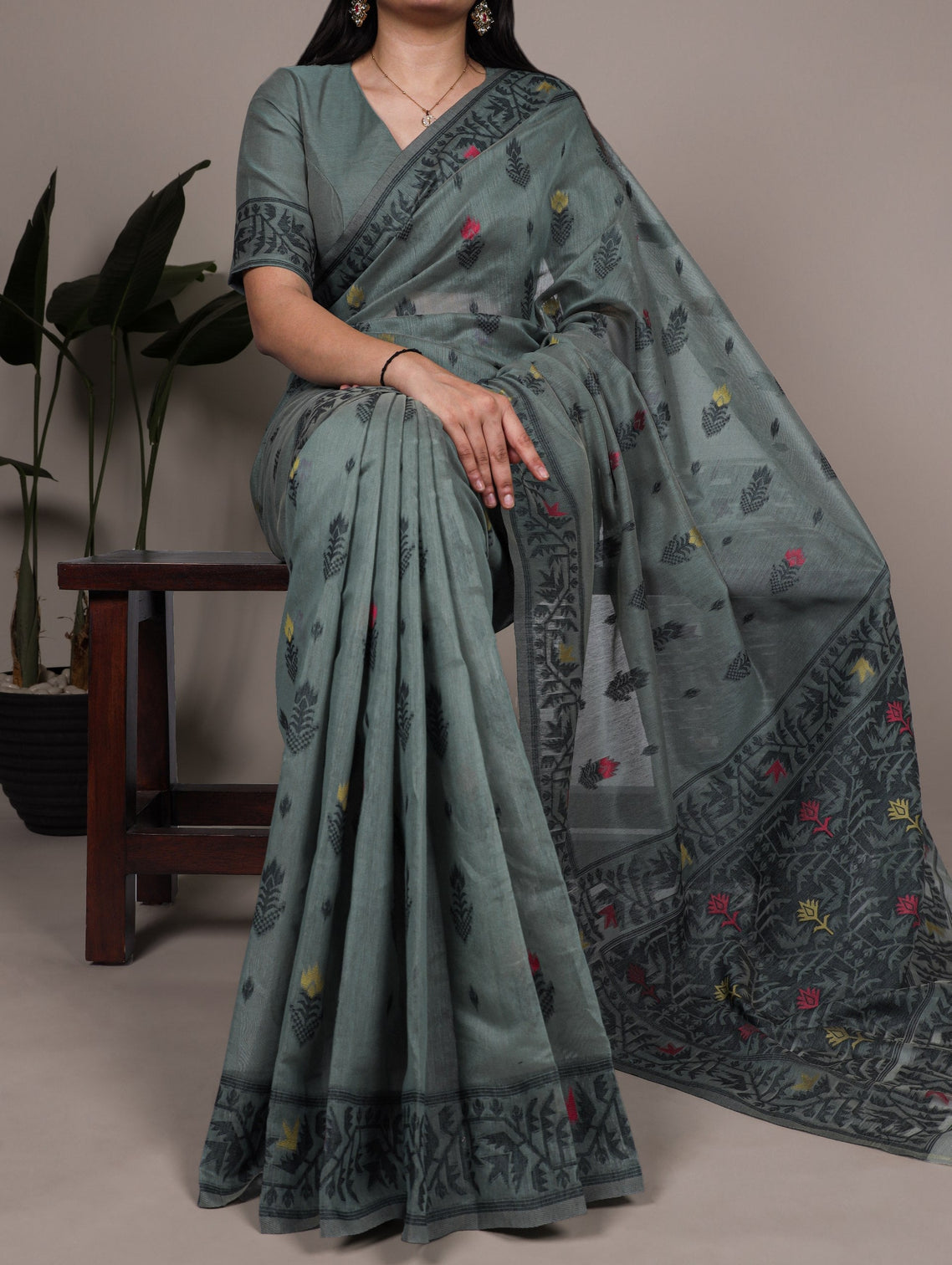 Dusty Fair Green Elegant Poly Cotton Thread-Weaving Saree with Matching Unstitched Blouse – Lightweight Traditional Daily & Festive Wear