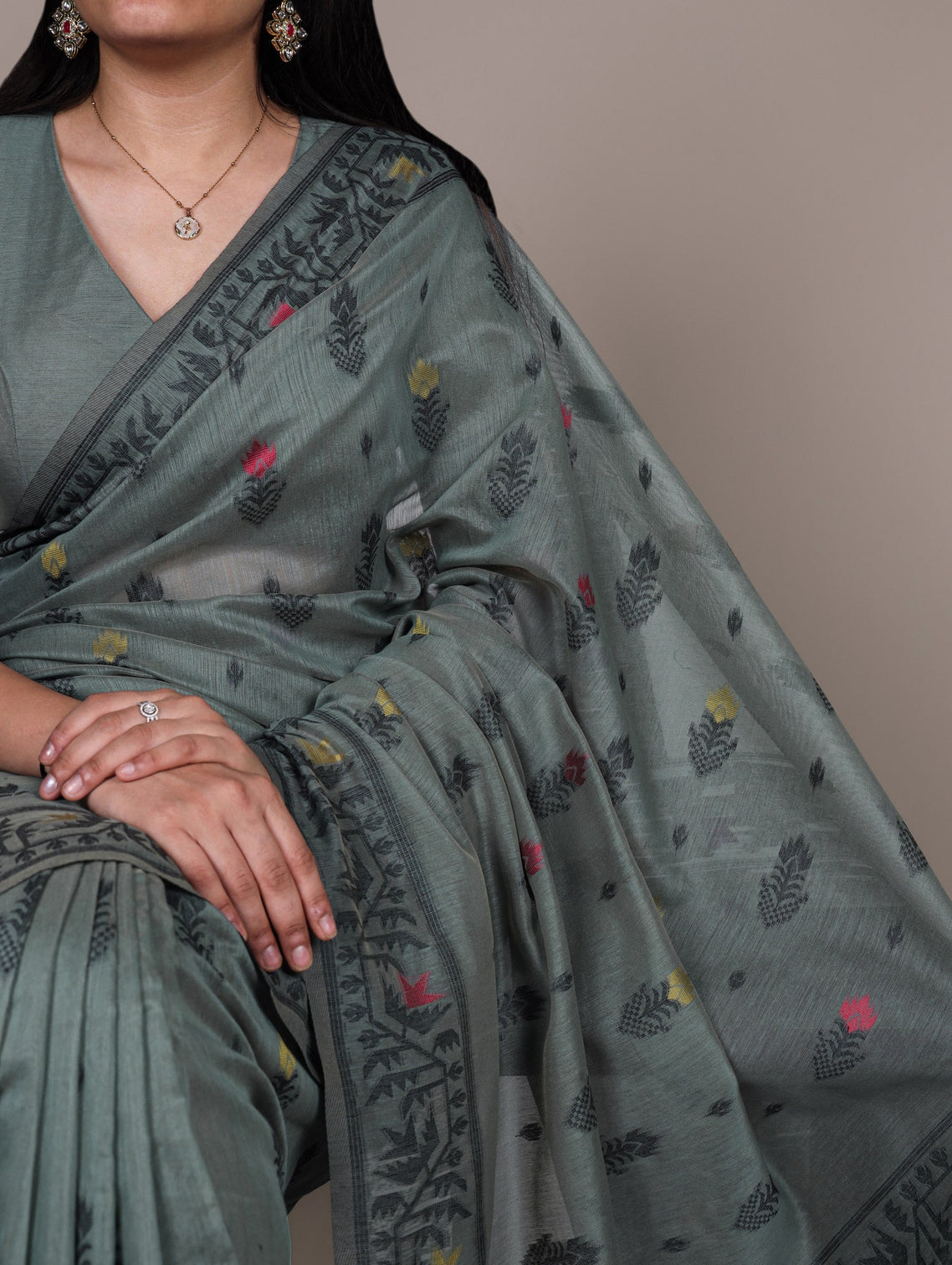 Dusty Fair Green Elegant Poly Cotton Thread-Weaving Saree with Matching Unstitched Blouse – Lightweight Traditional Daily & Festive Wear