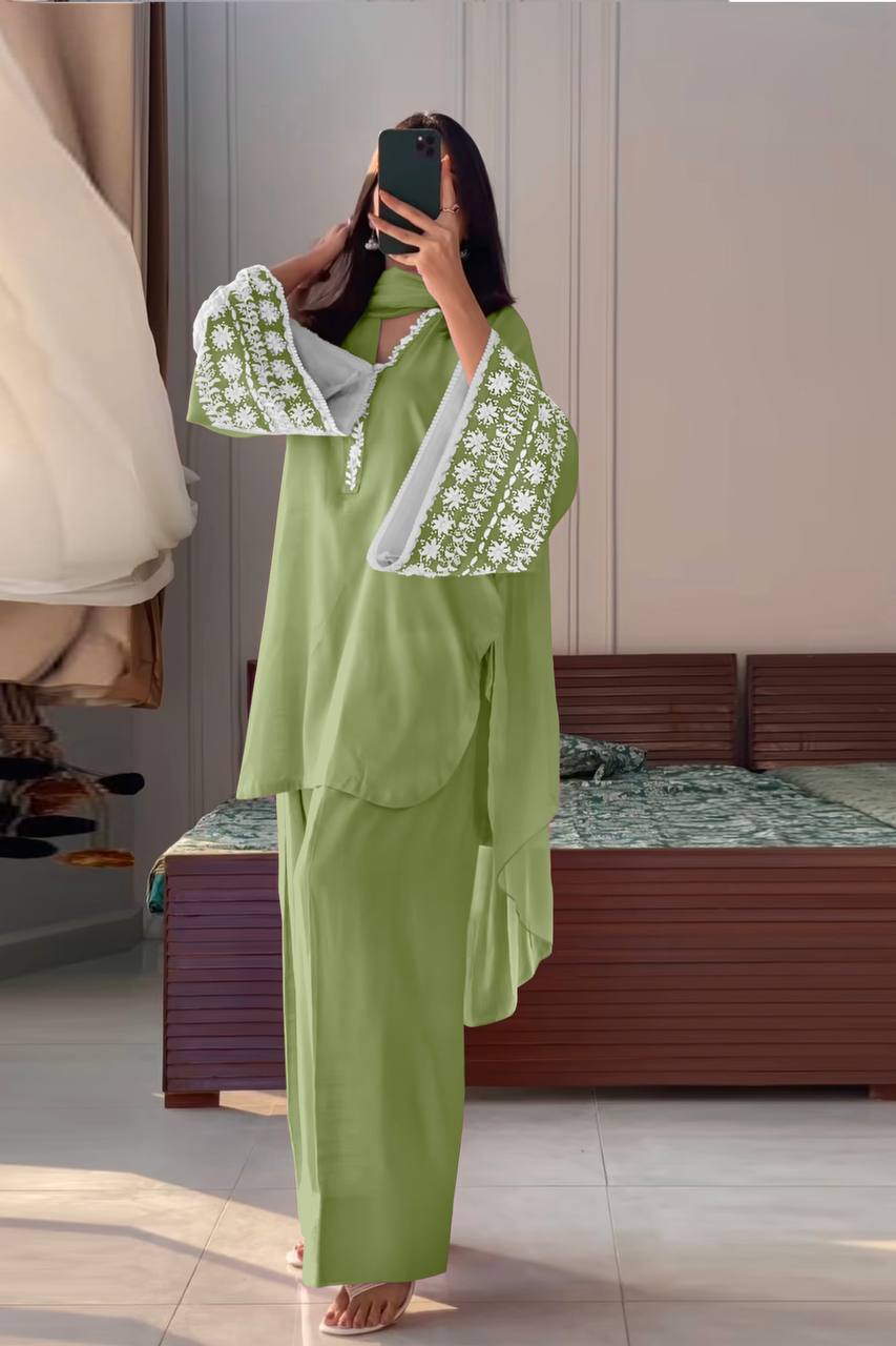 Dusty Green Natural Satin Embroidered Suit Set with Farshi Plazzo & Lace Border Dupatta