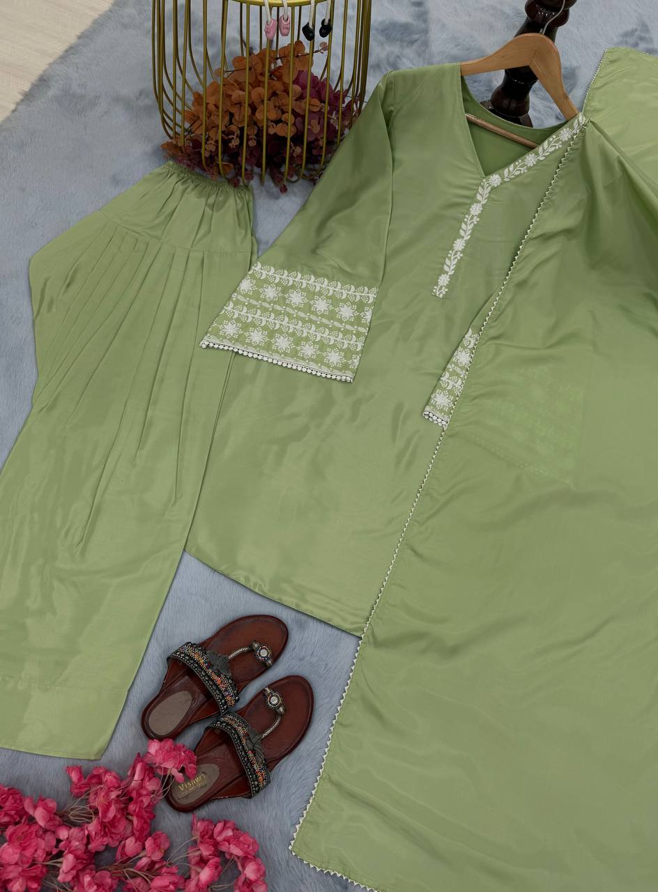 Dusty Green Natural Satin Embroidered Suit Set with Farshi Plazzo & Lace Border Dupatta