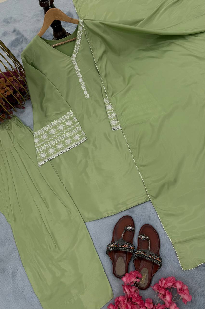 Dusty Green Natural Satin Embroidered Suit Set with Farshi Plazzo & Lace Border Dupatta