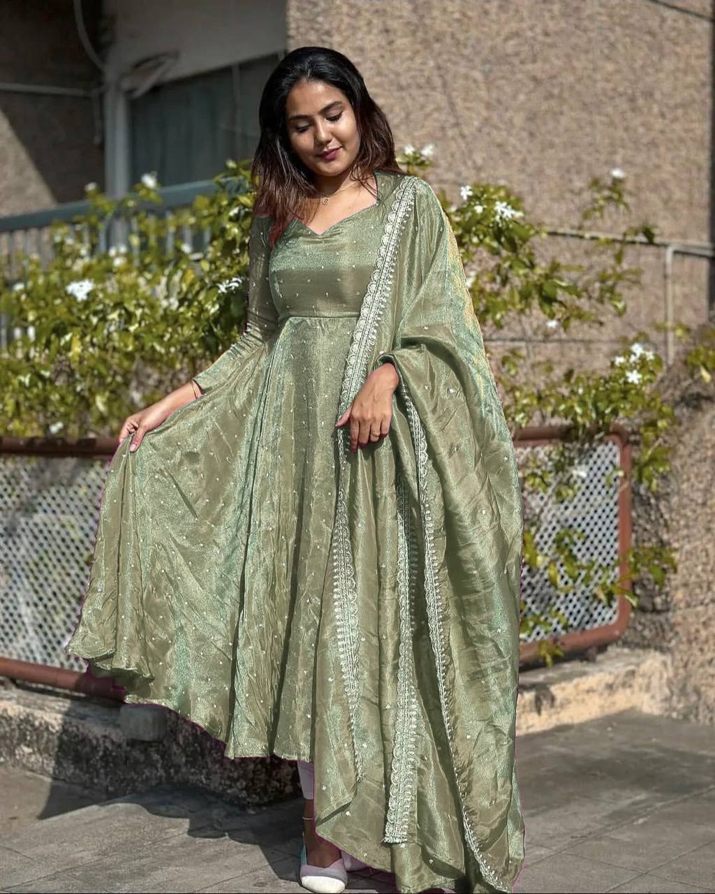 Dusty Green Premium Designer Party Wear Pur Twil Gold Net Anarkali Gown, Dupatta Set – Elegant Festive Look