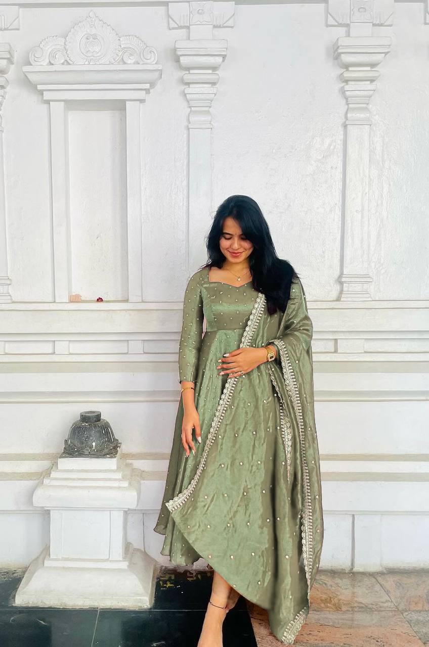 Dusty Green Premium Designer Party Wear Pur Twil Gold Net Anarkali Gown, Dupatta Set – Elegant Festive Look