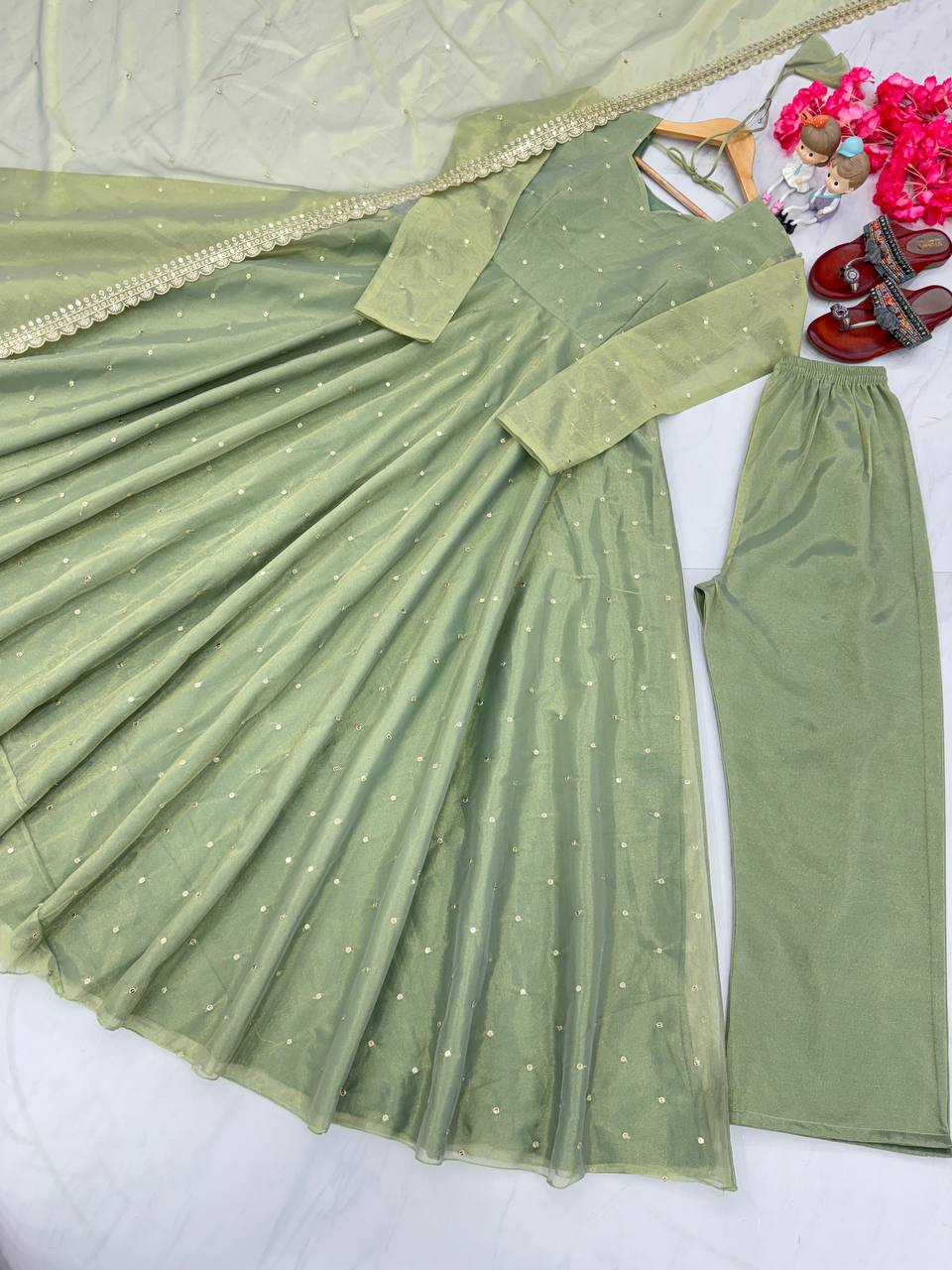 Dusty Green Premium Designer Party Wear Pur Twil Gold Net Anarkali Gown, Dupatta Set – Elegant Festive Look