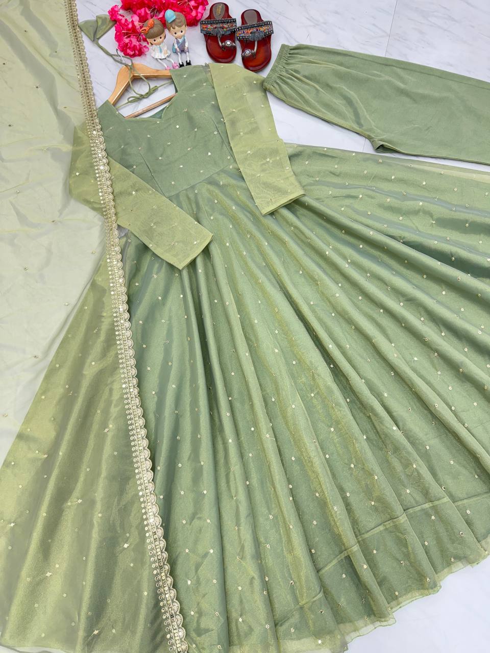 Dusty Green Premium Designer Party Wear Pur Twil Gold Net Anarkali Gown, Dupatta Set – Elegant Festive Look