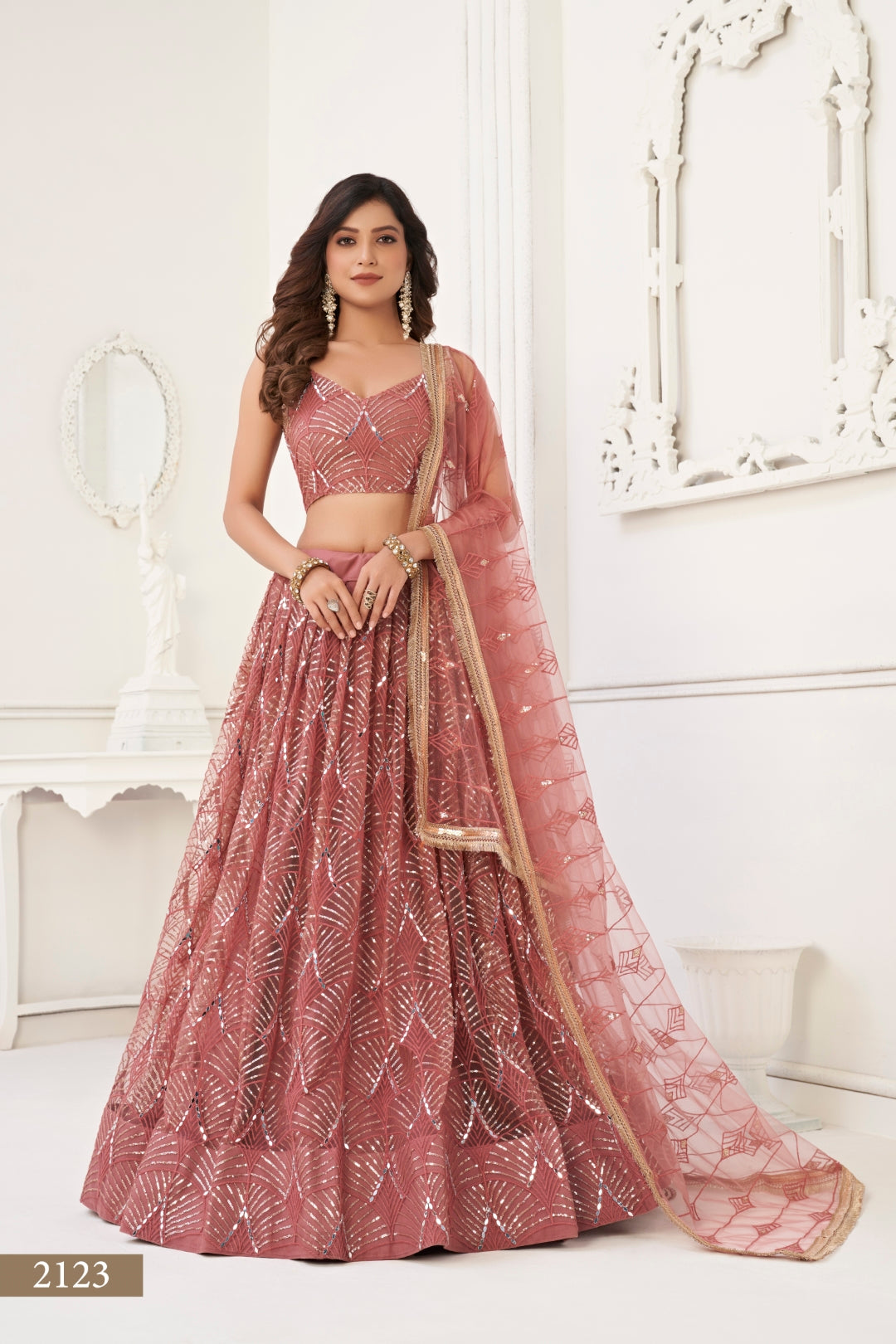 Dusty Onion Pink Butterfly Net Lehenga with Tone-to-Tone Thread Work and Mirror Embroidery