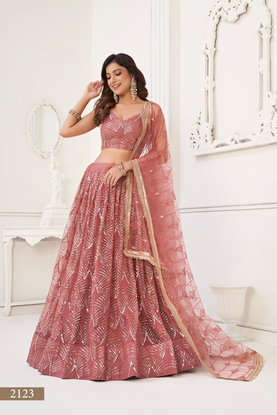 Dusty Onion Pink Butterfly Net Lehenga with Tone-to-Tone Thread Work and Mirror Embroidery