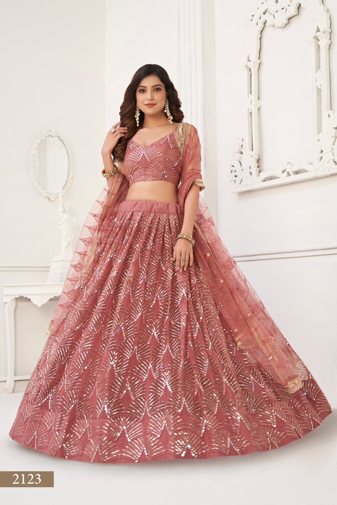 Dusty Onion Pink Butterfly Net Lehenga with Tone-to-Tone Thread Work and Mirror Embroidery
