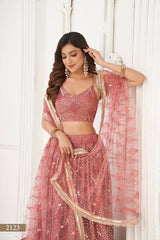Dusty Onion Pink Butterfly Net Lehenga with Tone-to-Tone Thread Work and Mirror Embroidery