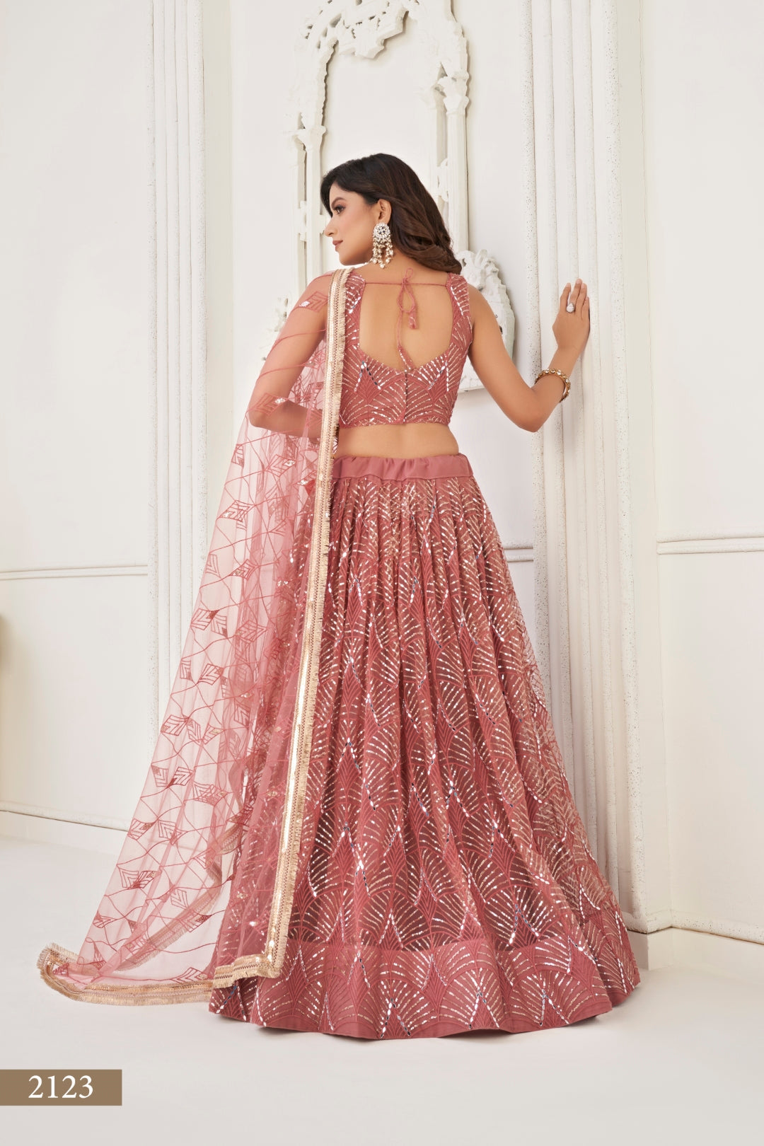 Dusty Onion Pink Butterfly Net Lehenga with Tone-to-Tone Thread Work and Mirror Embroidery