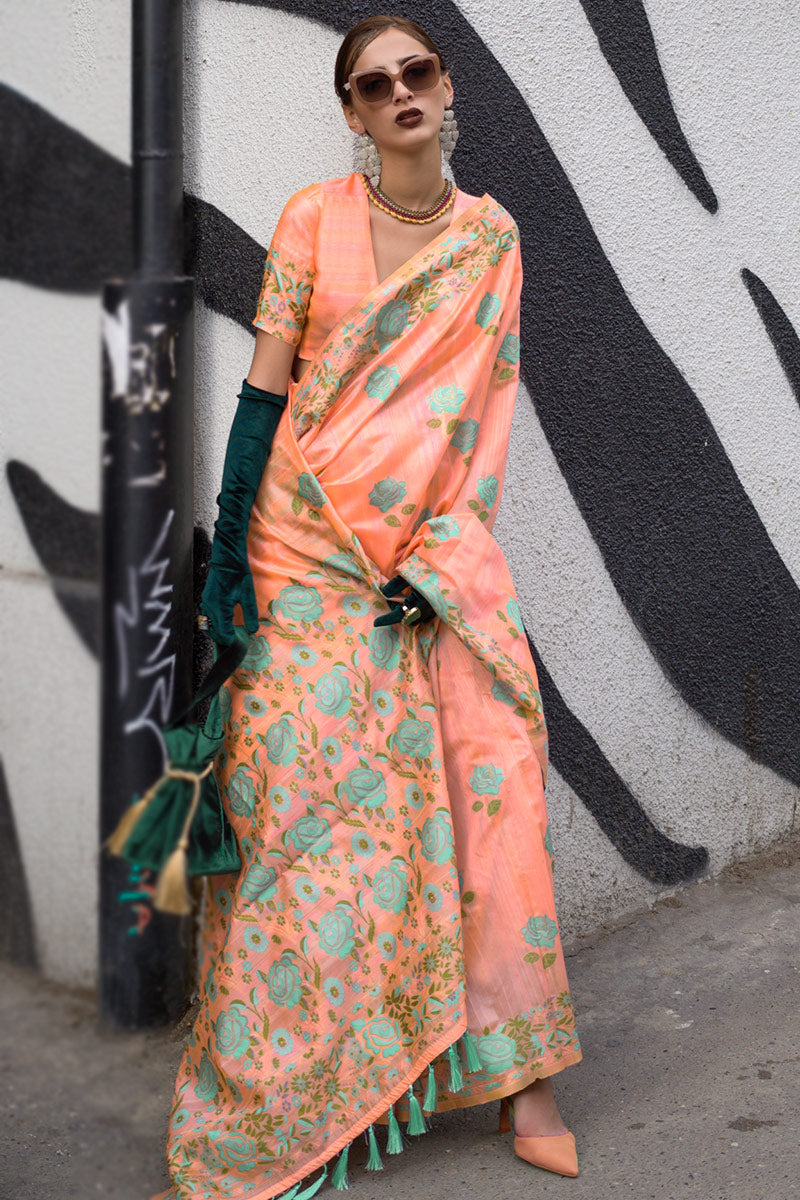 Dusty Orange Banarasi Silk Saree with Zari Kashmiri Weaving  & Unstitched Blouse
