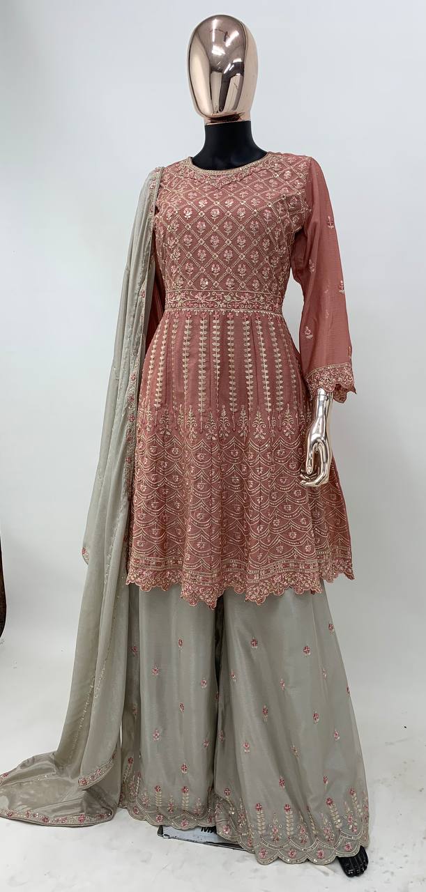 Light Brown Elegant Chinon Embroidered Suit Set with Dupatta
