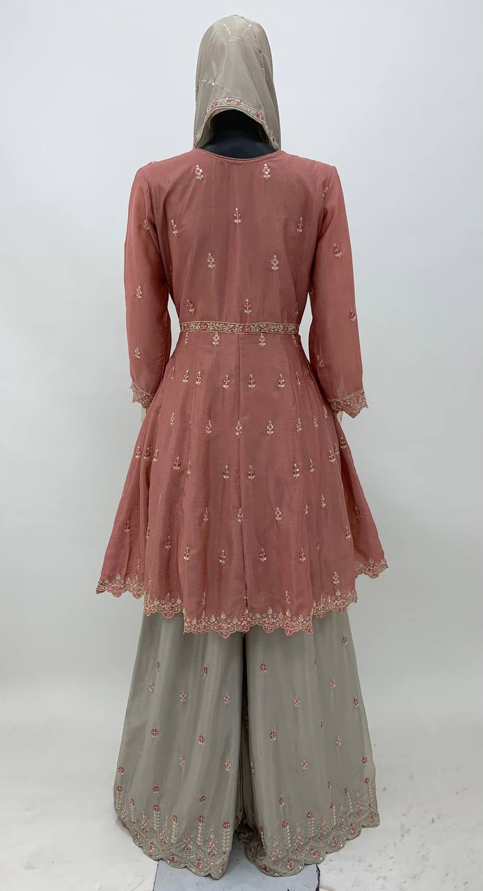 Light Brown Elegant Chinon Embroidered Suit Set with Dupatta
