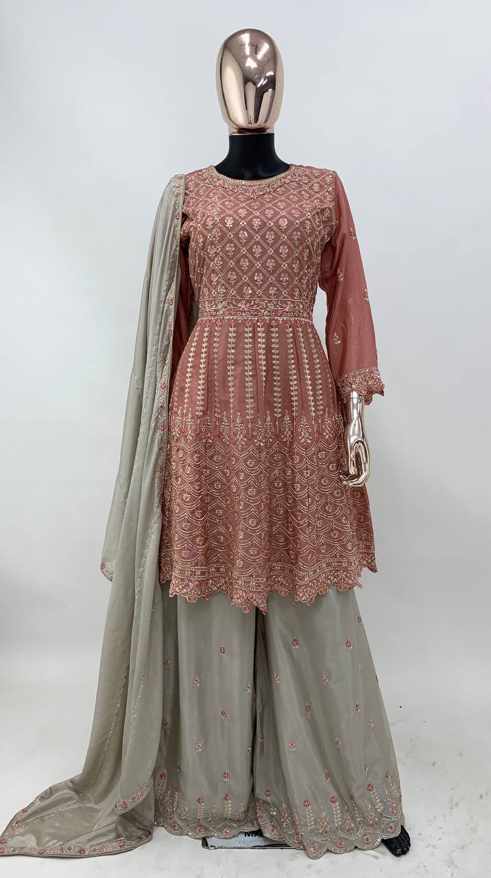 Light Brown Elegant Chinon Embroidered Suit Set with Dupatta