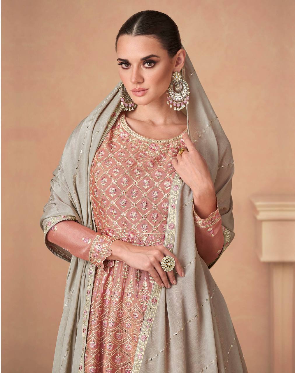 Light Brown Elegant Chinon Embroidered Suit Set with Dupatta