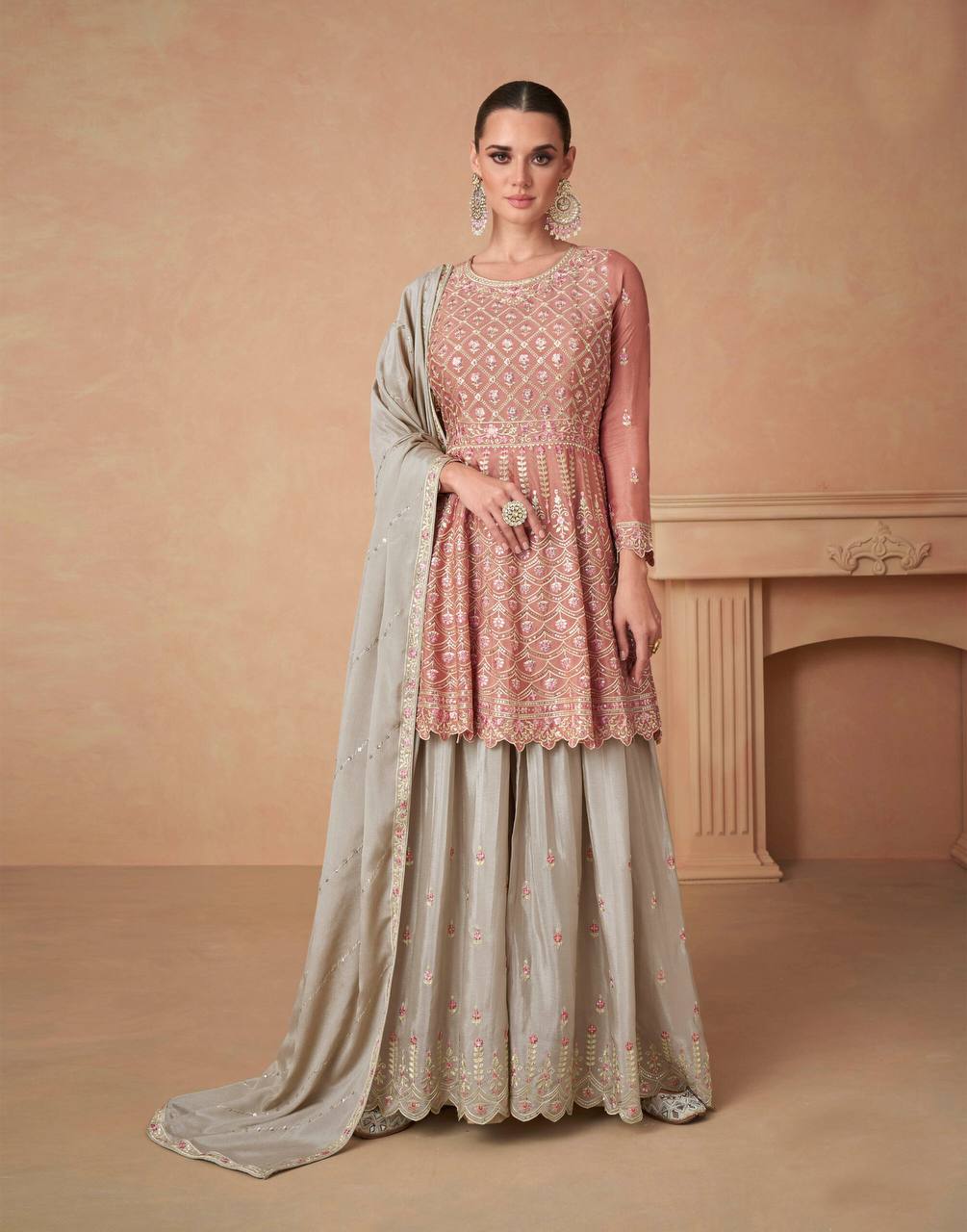 Light Brown Elegant Chinon Embroidered Suit Set with Dupatta