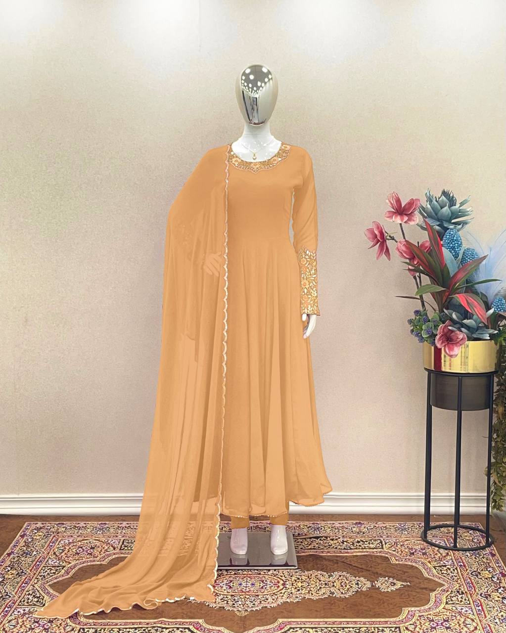 Dusty Orange Premium Designer Party Wear Anarkali Gown, Dupatta & Bottom Set