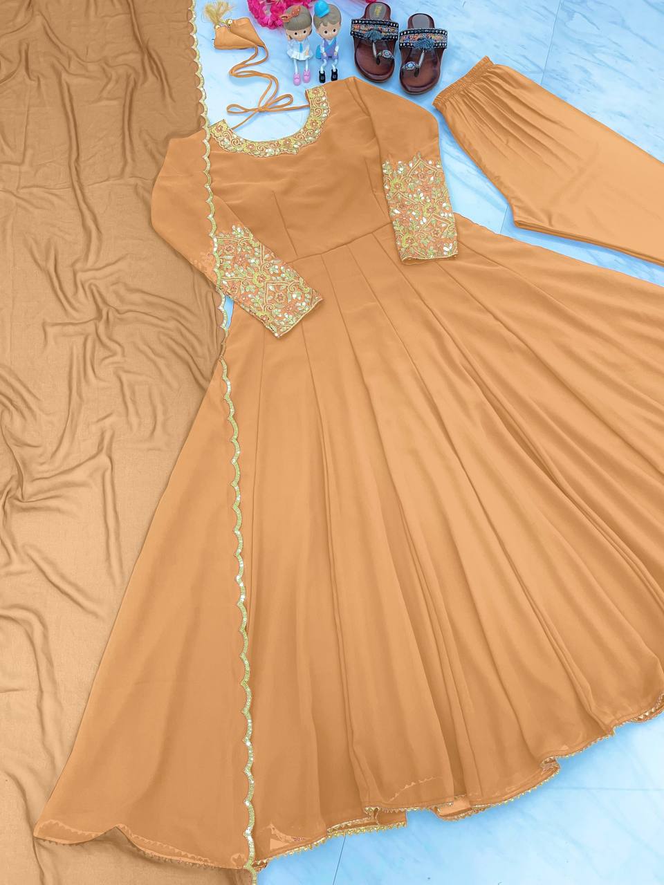 Dusty Orange Premium Designer Party Wear Anarkali Gown, Dupatta & Bottom Set