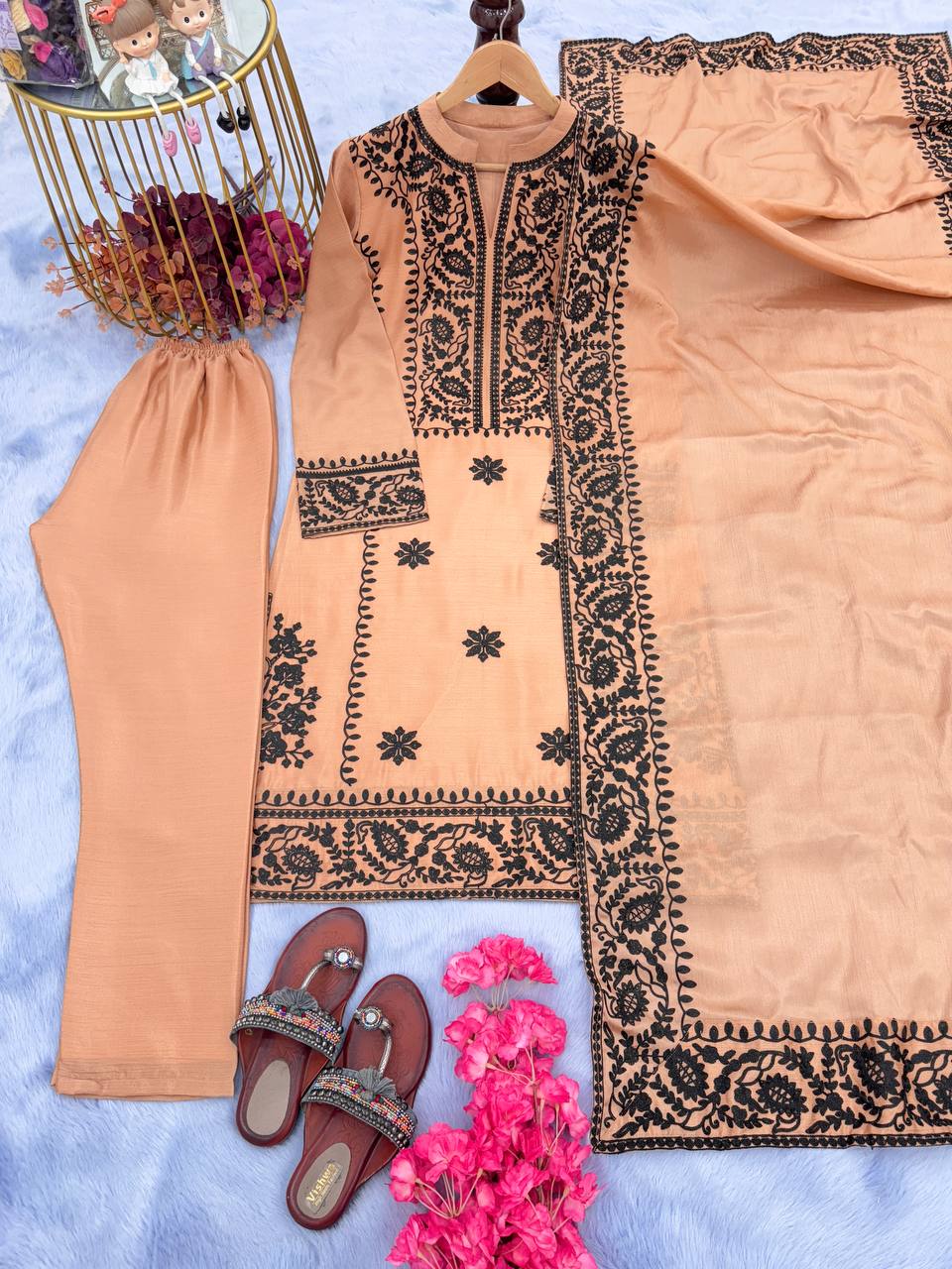 Dusty Orange Premium Designer Party Wear Top, Bottom & Dupatta Set