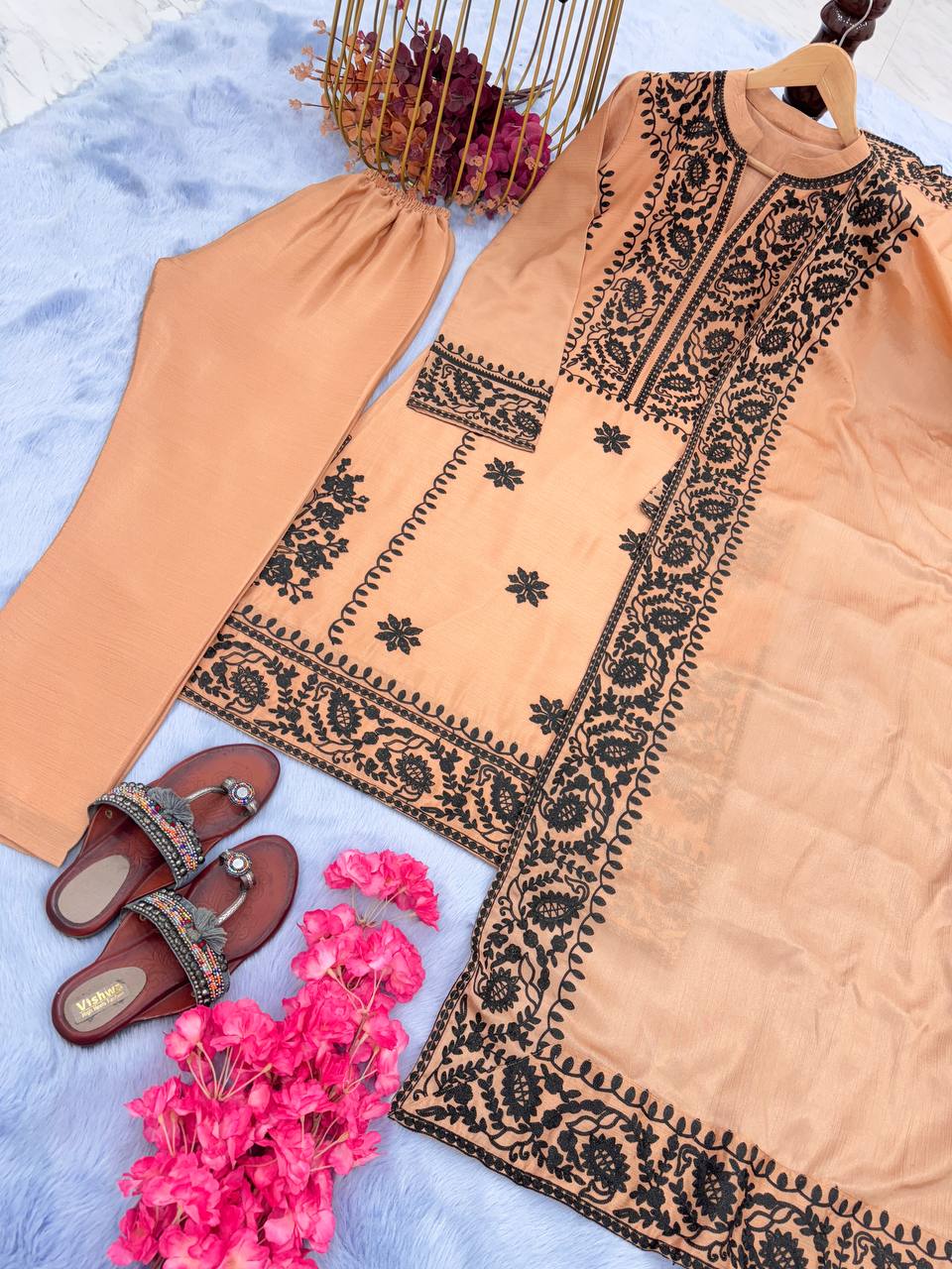 Dusty Orange Premium Designer Party Wear Top, Bottom & Dupatta Set