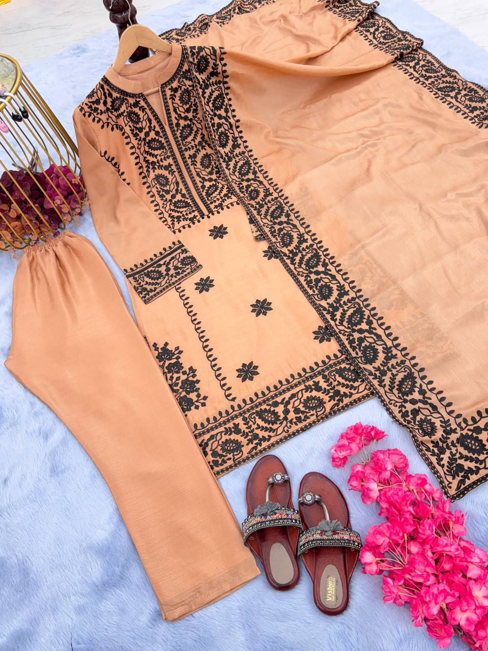 Dusty Orange Premium Designer Party Wear Top, Bottom & Dupatta Set