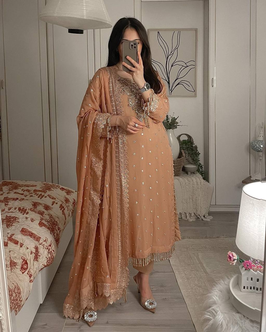 Dusty Orange Premium Designer Party Wear Top, Bottom & Dupatta Set