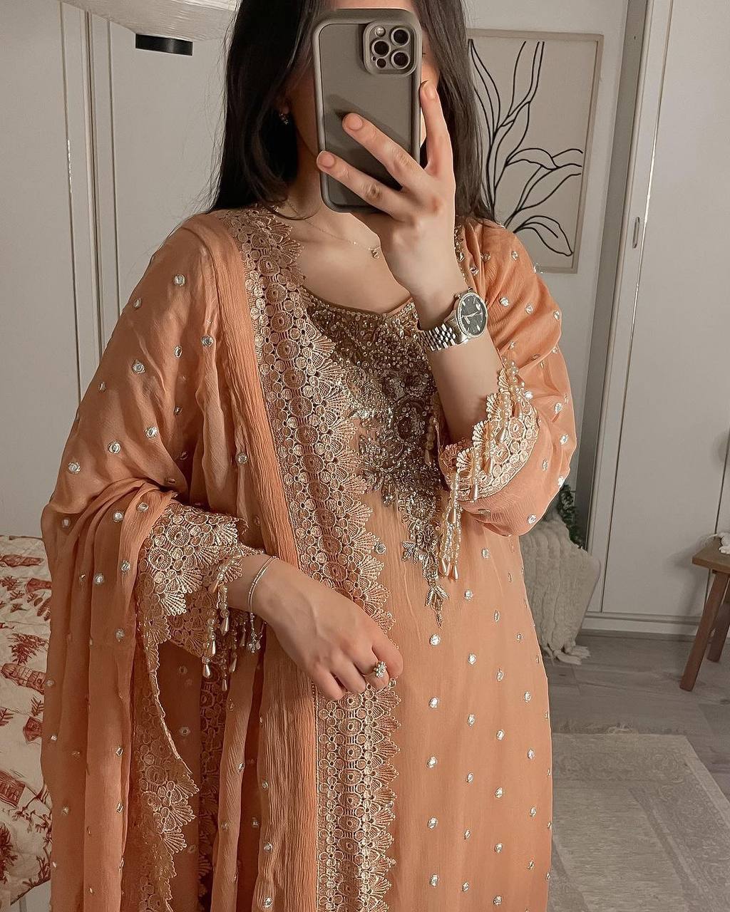 Dusty Orange Premium Designer Party Wear Top, Bottom & Dupatta Set