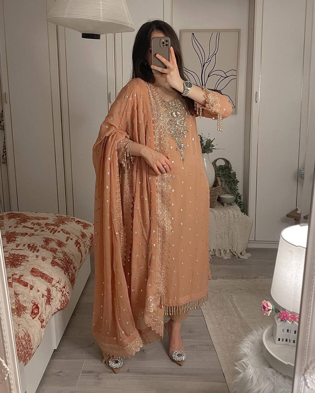 Dusty Orange Premium Designer Party Wear Top, Bottom & Dupatta Set