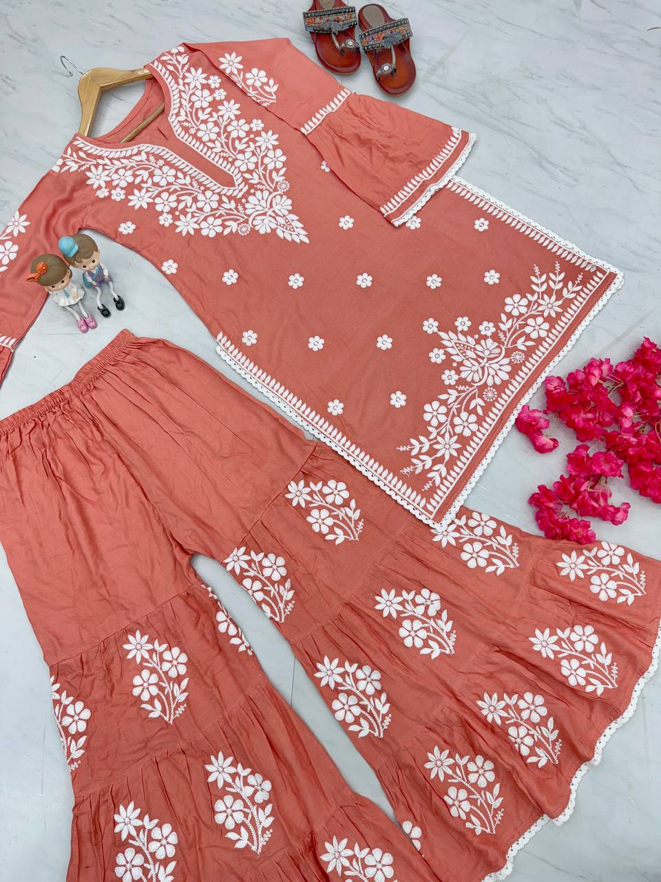 Dusty Orange Premium Designer Rayon Top & Plazzo Set with Intricate Chickenkari Embroidery